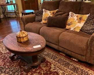 The couch reclined at both ends, tiger Oak coffee table, beautiful oriental style rug