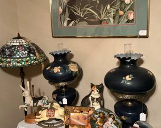 to go with the wind lamps one lampshade is damaged in the back is a Tiffany style lamp perfect condition, variety of Franklin mint plates, cats rabbits
