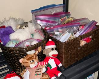 Various collection of Christmas ornaments at Ty sock monkey