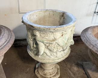 Antique white cement relief cherub planter $900