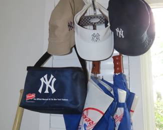 New York Yankees hats and umbrellas.