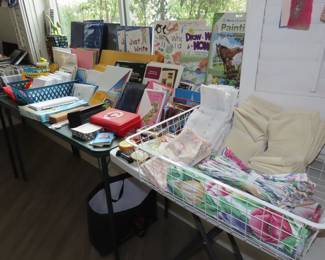 Stationery, chidrens books, crayons, pens, pencils, computer paper, envelopes, office supplies.