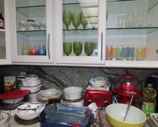 CuisinArt 4 slot toaster. Popcorn maker, air fryer., Vintage Pyrex bowls, Corningware, colored stems and water glasses.