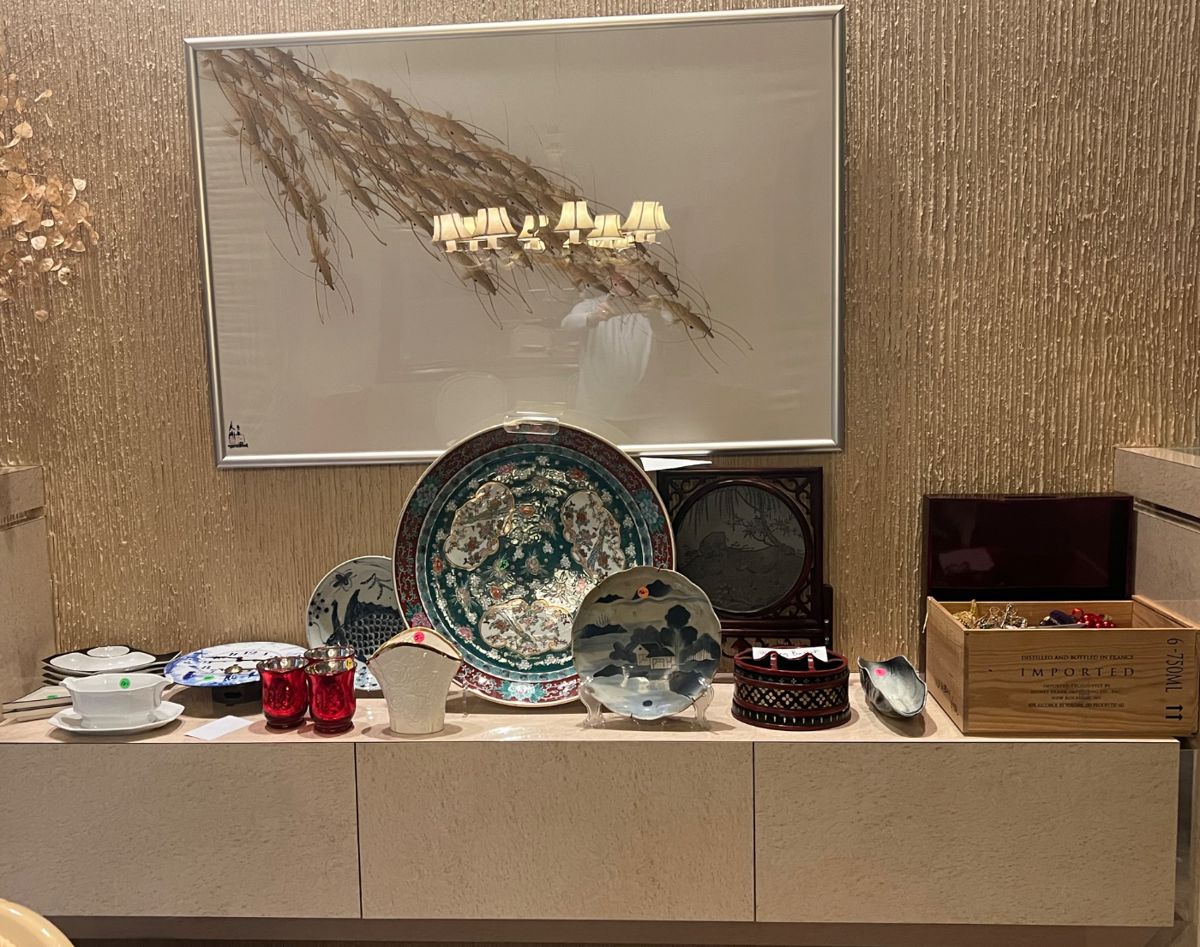 Chinese plates, some serveware, large silk art piece with fish