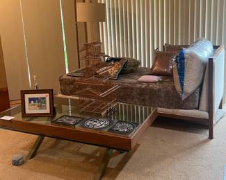 Daybed, coffee/display table, floor lamp
