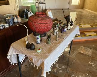 Opium pipes, carvings, lantern