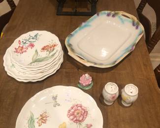 Lenox Butterly Meadow; set of 8 porcelain dinner plates; set of plastic picnic plates; salt and pepper shakers; Williams and Sonoma Asparagus platter