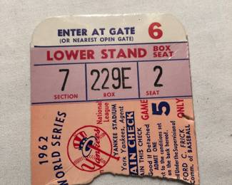 1962 World Series Baseball Box Seat Ticket Stub