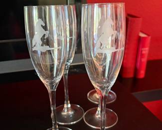 Etched Horse Rearing Champagne Glasses 