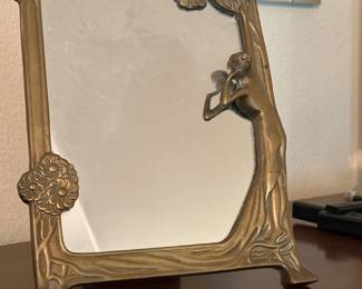 Vintage Brass Art Nouveau Lady by the Lake Vanity Mirror 