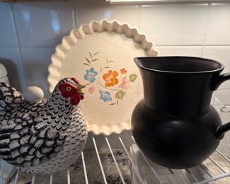 Dept 56 Chicken Egg, Vintage 1970's Treasure Craft Ceramic Poppy flowers pie plate,  Matte Black Pottery Pitcher