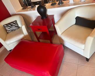 White Leather Barrel Chairs and Red accent Ottoman
