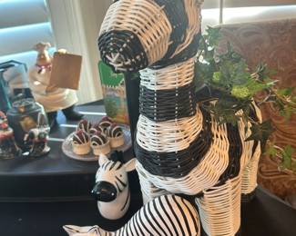 Pottery barn, zebra basket, Laura Burch hand, painted cat