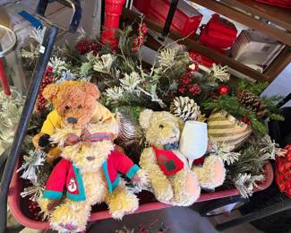 Wagon filled with teddies and Christmas decor 