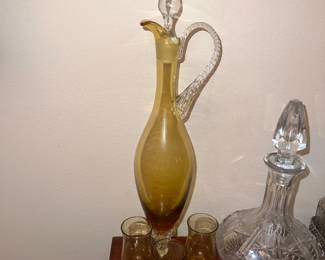 Mid-Century Empoli Amber Blown Glass Decanter Set
