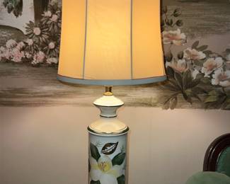 1 of 2 Vintage White porcelain Painted Magnolia Flower Lamps w/ Brass base 