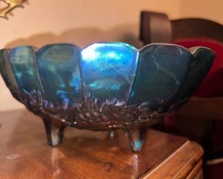 Vintage Indiana Glass Harvest Grape iridescent blue carnival glass footed fruit bowl