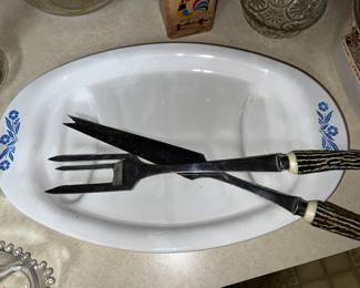 Corning-ware blue cornflower serving platter   & Set of Antler handle carving fork & knife