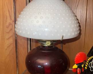 Vintage P & A Eagle Ruby Red Oil Lamp White Hobnail Milk Glass Shade