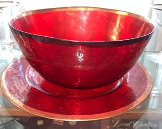 vintage hand-blown ruby red glass bowl and platter w/ Gold trim & hammered texture