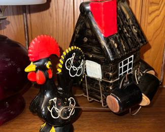 vintage ceramic rooster & Barn decanter set