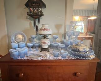 1940’s blue opalescent hobnail Fenton
Tumblers , wine glasses , sherbets , bowls , cream and sugar