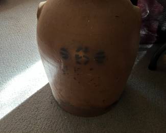 Large ovoid pottery crock blue paint
6 gallon