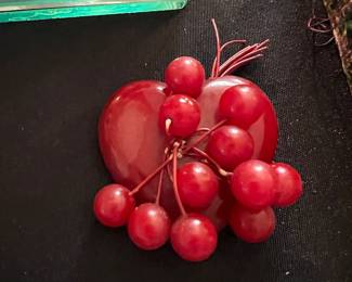 1930’s red Bakelite heart pin w cherries