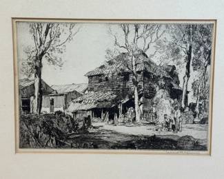 A Little Black Barn in Suffolk by Leonard Russell Squirrell This piece is unframed and needs the matte replaced. See photos.