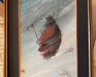 Framed Original Watercolor on Paper of Native American in Snow Storm Signed M. Gililland