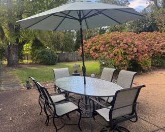 Criterion Outdoor Oval Patio Table (50"W x 86"L x 29-1//2"H) & Patio Chairs (4 Side Chairs & 2 Swivel Armchairs) with Umbrella & Stand