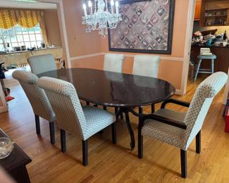 Dessin Fournir Oval 2 Pedestal Dark Brown Dining Table (48"W x 29"H x 59"L with 3 Leaves 18-1/2"L each) with Upholstered Seat Dining Chair (2 Armchair, 4 Side Chair)