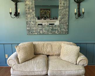 Century Furniture Upholstered Loveseat (69"W x 40"D x 32" Back Height) with Large Square Metal Framed Mirror (47"W x 47"H)