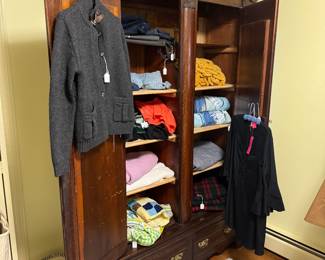 Antique Armoire with Collection of Women's Sweaters & Clothing