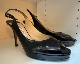 Women's Jimmy Choo Nova Black Patent Leather Slingback Peep-Toe Platform Pumps Size 37-1/2