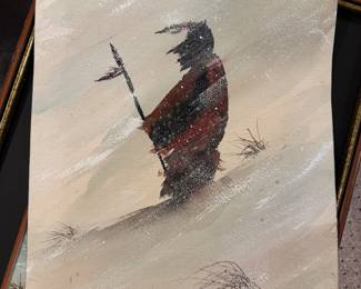 Original Watercolor on Paper of Native American in Snow Storm Signed M. Gililland