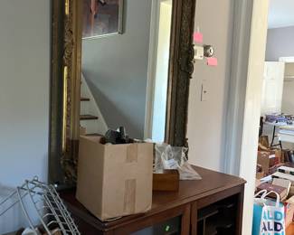 antique mirror, antique bookshelf