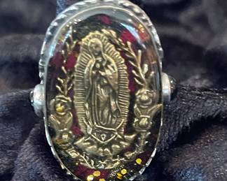 Religious Lady of Guadalupe sterling silver ring with gold and brass