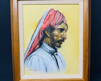 56 FramedPortraitofArabManinRedHeaddressSignedSung