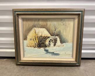 134 SnowSceneWithOldMillWinterLandscapeOilPainting