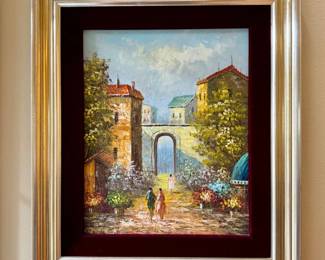 1 FramedAcrylicPaintingRedVelvetMattingVillageScenewArchway
