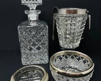108 CrystalDecanterCutPressedGlassBarwareSetwSterlingRim