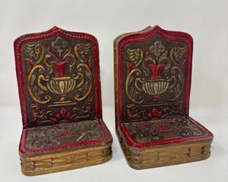 74 VintageCarvedWoodBookendsEmbossedFloralUrnDesign