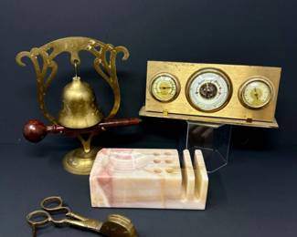 58 VintageDeskLotBrassBellStoneHolderWestGermanyBarometer