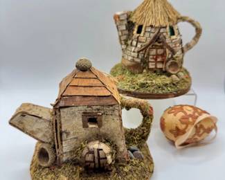 152 PotteryBarnWhimsicalHouseOrnamentsLotwCarvedWoodEgg