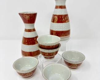 107 AsianPorcelainSakeSetRedWhiteCrackleGlazewGold