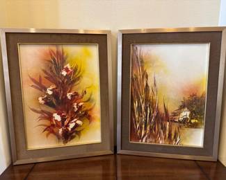 95 PairofMidCenturySignedPaintingswVelvetMatsMetalFrames