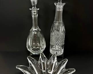 113 CrystalDecantersTallTeardropShapeswStarburstBowl