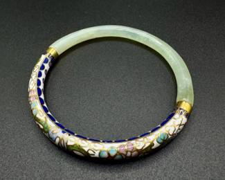 42 JadeCloisonnEnamelBraceletFloralGoldToneDetailing