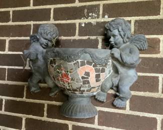 Pr of cherub plant holders with tile decoration.  Presale $70